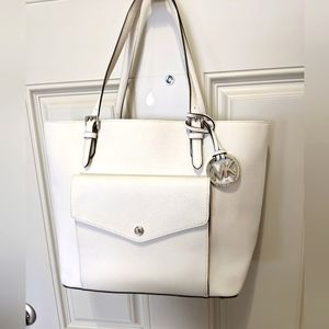 NWT Michael Kors Jet Set Item Leather Pocket Tote Optic White Double Strap